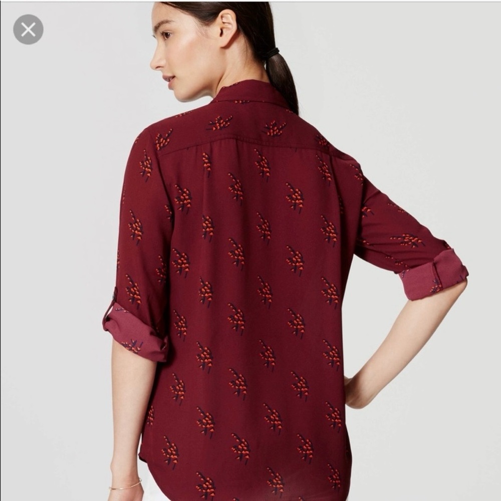 NWT LOFT Maroon & Orange Floral Button-Down Shirt - XS - Picture 3 of 8